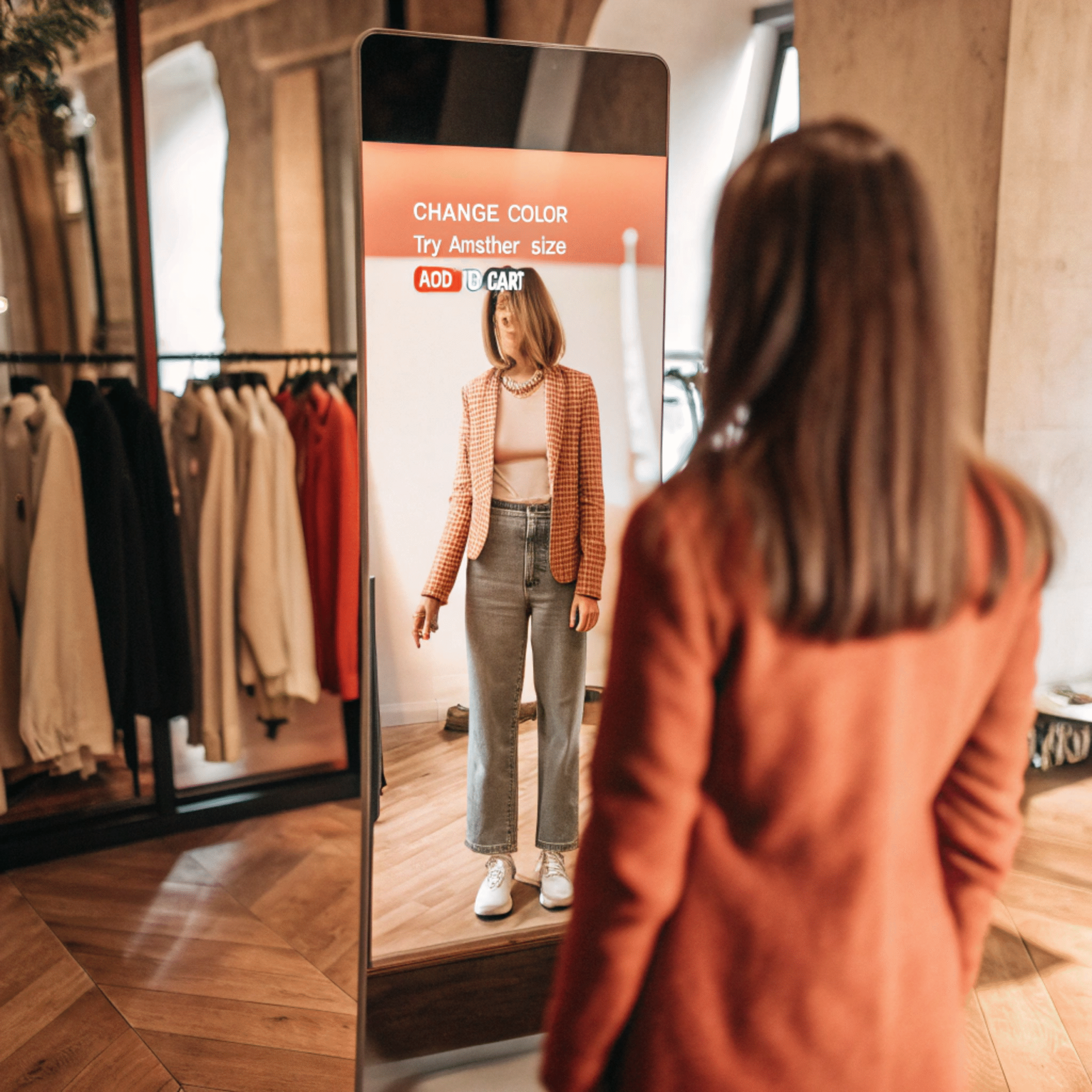 Customer using AR smart mirror in a clothing store for real-time virtual fitting experience in retail store
