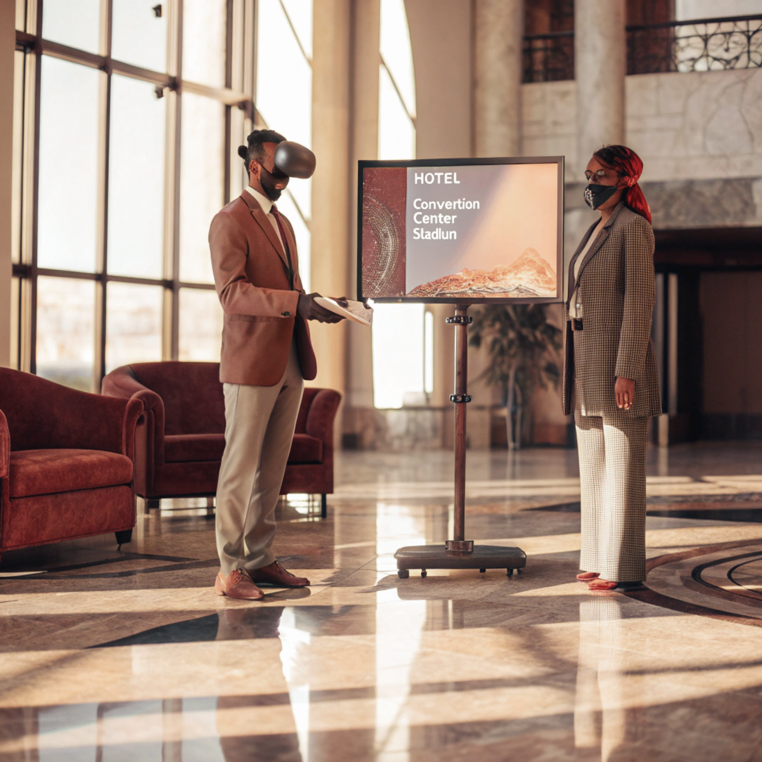 Customer using VR headset for immersive venue booking and navigation in environment