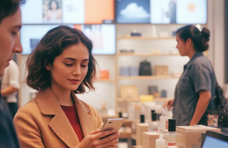 Girl using a mobile phone while shopping in a retail store