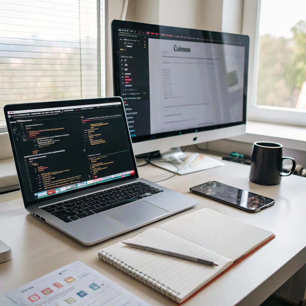 Developer desk with React Native code on a laptop, mobile app running on a phone, and the same app open on a web browser.