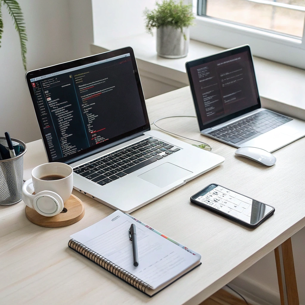 Modern developer desk with React Native code on a laptop, mobile and tablet devices running the same app.