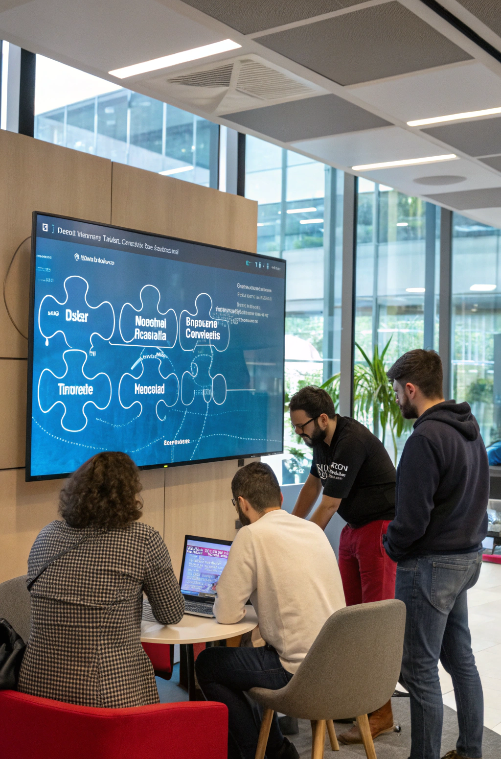 "Full-stack development team collaboratively working on a unified digital product system"
