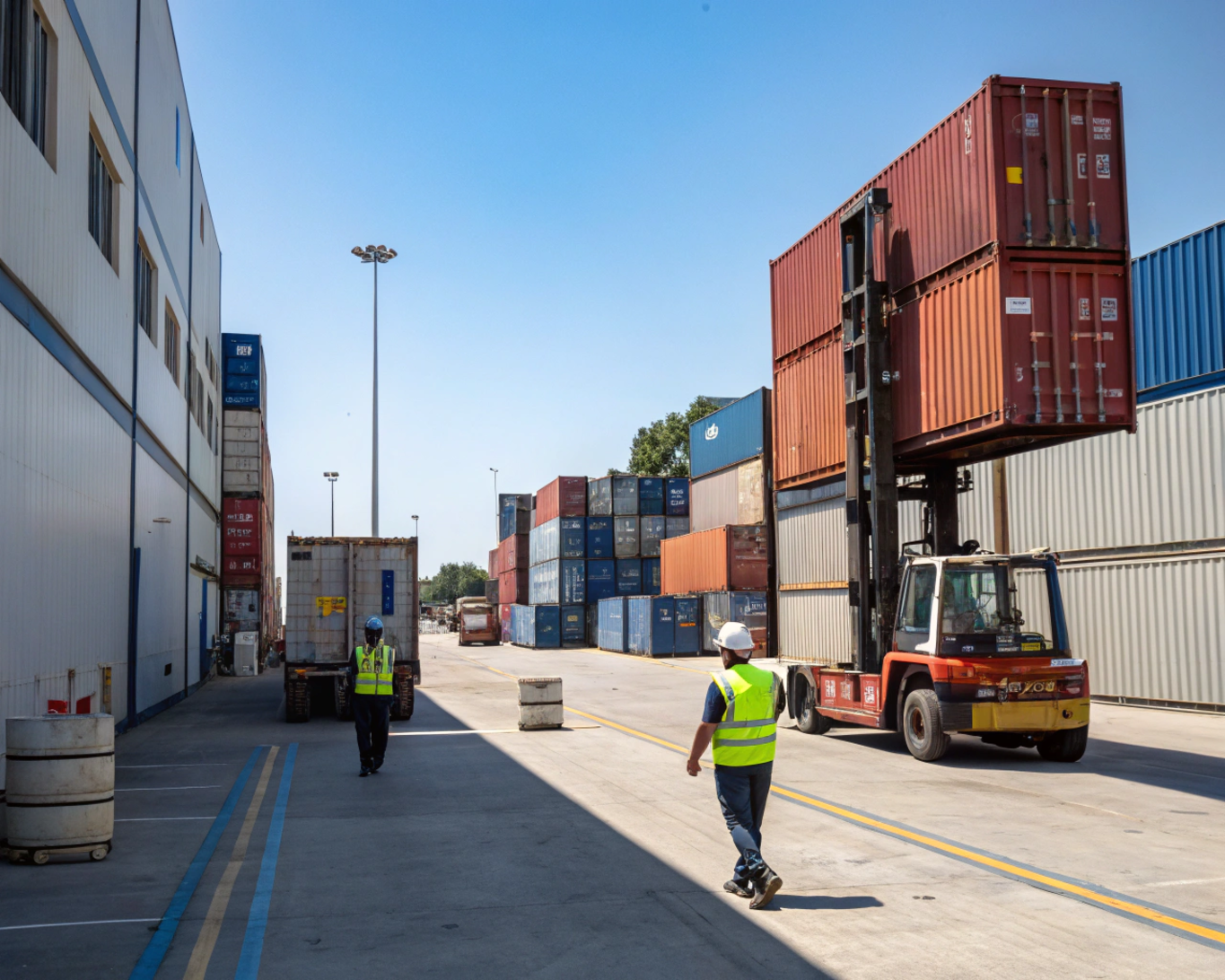 Real-World Logistics Operations Without Overlays Workers loading cargo at a logistics yard with stacked containers and forklifts