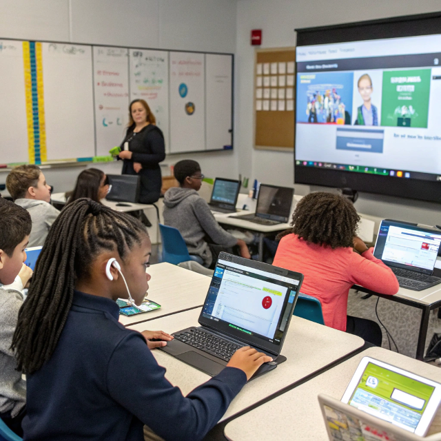 Adaptive Learning in Action: AI-Driven Classrooms Students using AI-powered education platforms in a hybrid classroom with data-driven learning dashboards