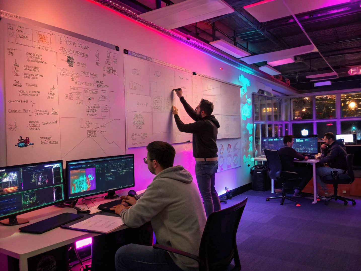 Game development studio designing cross-platform mechanics and monetization strategies