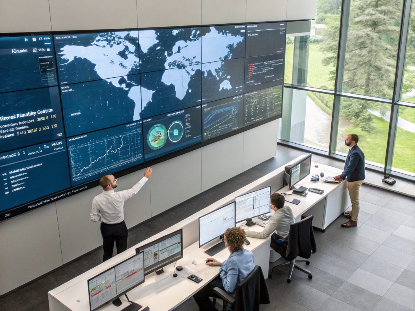 Real-time Logistics Monitoring Control Room professionals monitoring real-time shipment and fleet data in a modern control room
