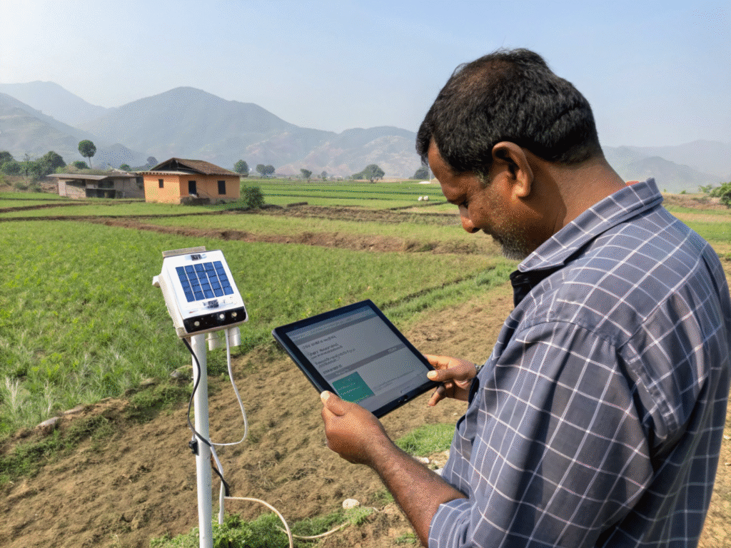 Farmer using offline agritech tools with local language support in rural farmland