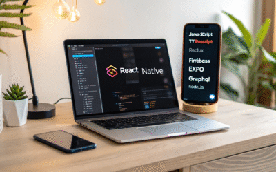 Realistic modern workspace showcasing React Native stack with laptop, mobile app preview, and floating tech logos in a minimal, ambient-lit setting