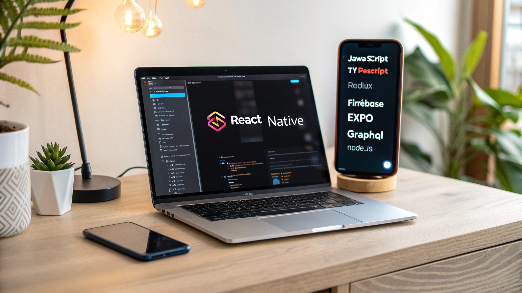 Realistic modern workspace showcasing React Native stack with laptop, mobile app preview, and floating tech logos in a minimal, ambient-lit setting