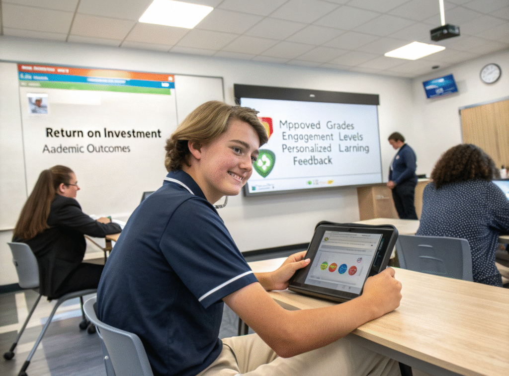 Empowering Student Success Through Measurable Impact Student reviewing academic progress data in a smart classroom focused on performance and engagement