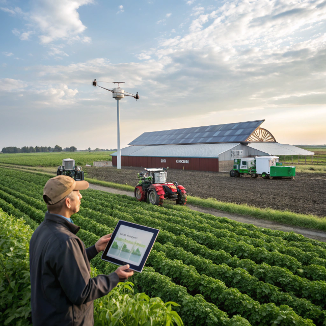 Farmer using digital tools with autonomous equipment and smart sensors in a connected agricultural field