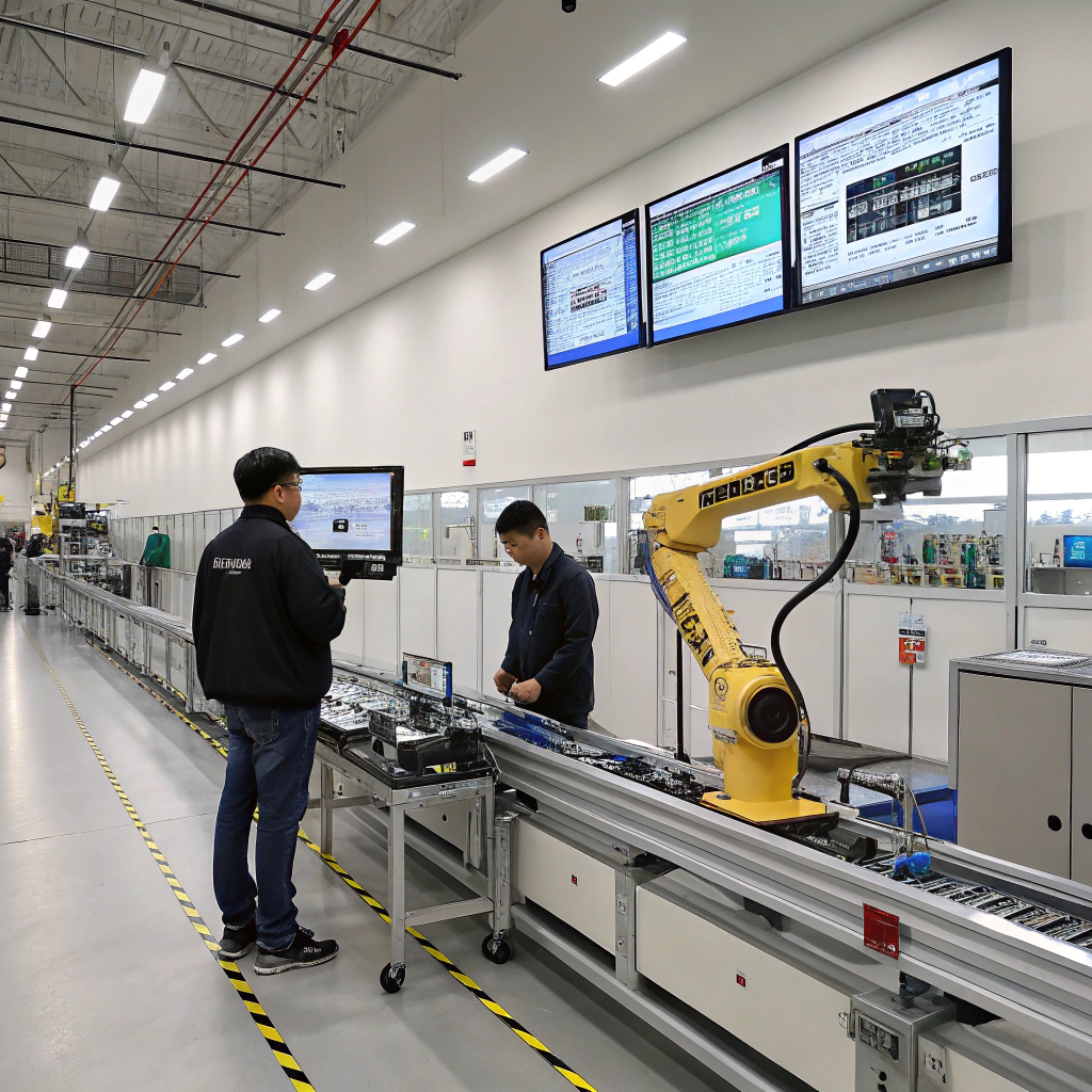 Real-Time AI Quality Control in Automated Manufacturing AI-powered defect detection system scanning products on an automated assembly line