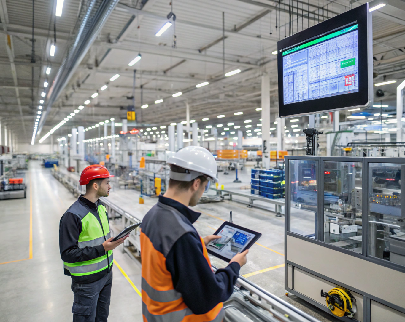 Real-Time Monitoring with Smart Sensors and Connected Machines Smart manufacturing facility with connected machines and real-time monitoring dashboards
