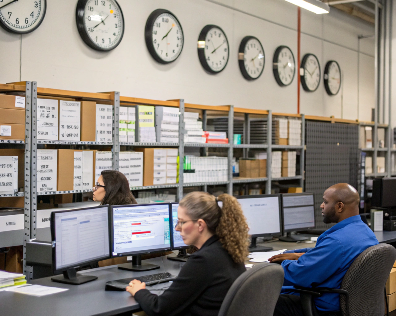 Real-Time Logistics Monitoring in an Operations Center Team analyzing KPIs and shipment data on screens in a real operations room