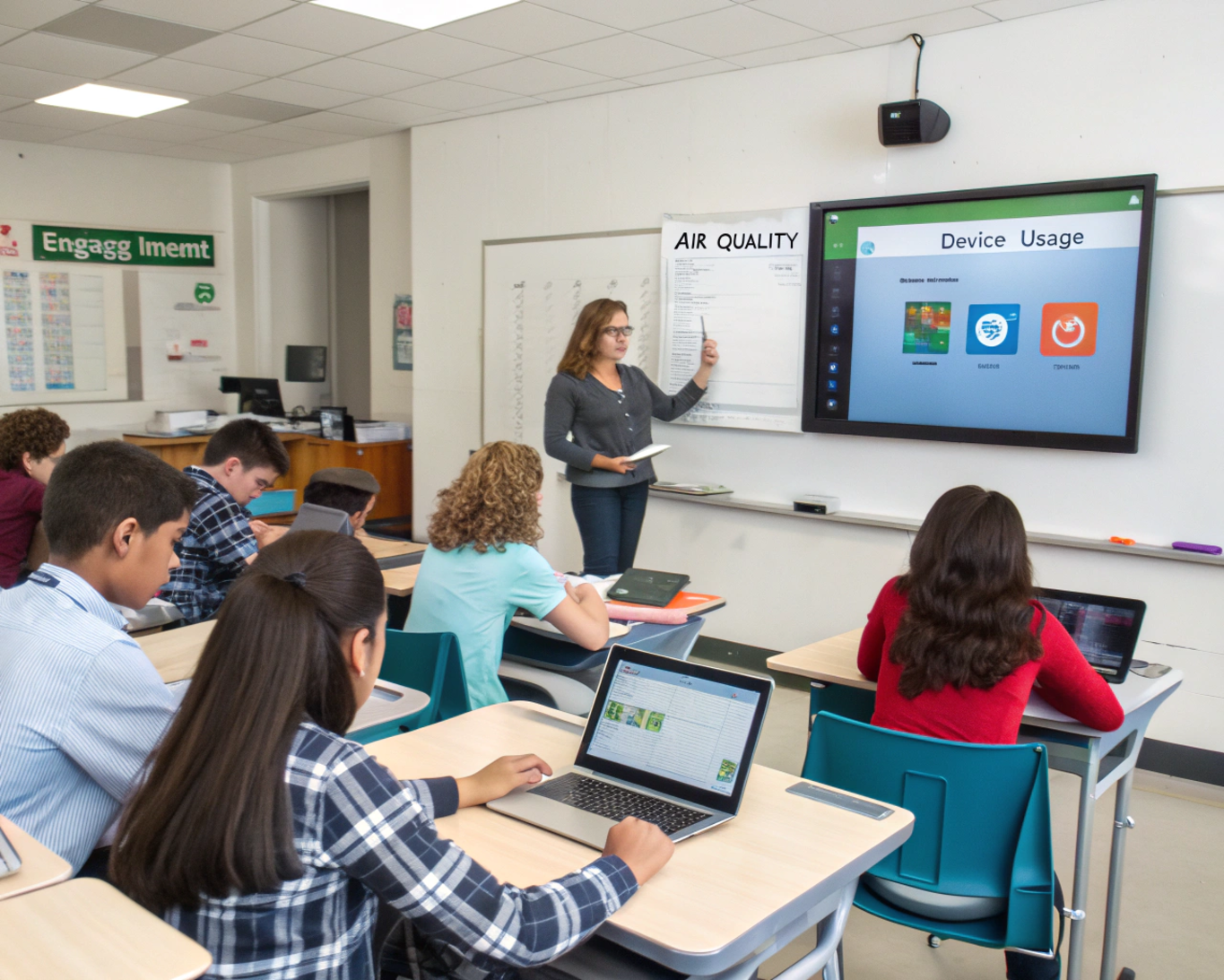 Real-Time Smart Classrooms with Connected Devices Smart classroom with interactive board, digital attendance, and real-time education monitoring