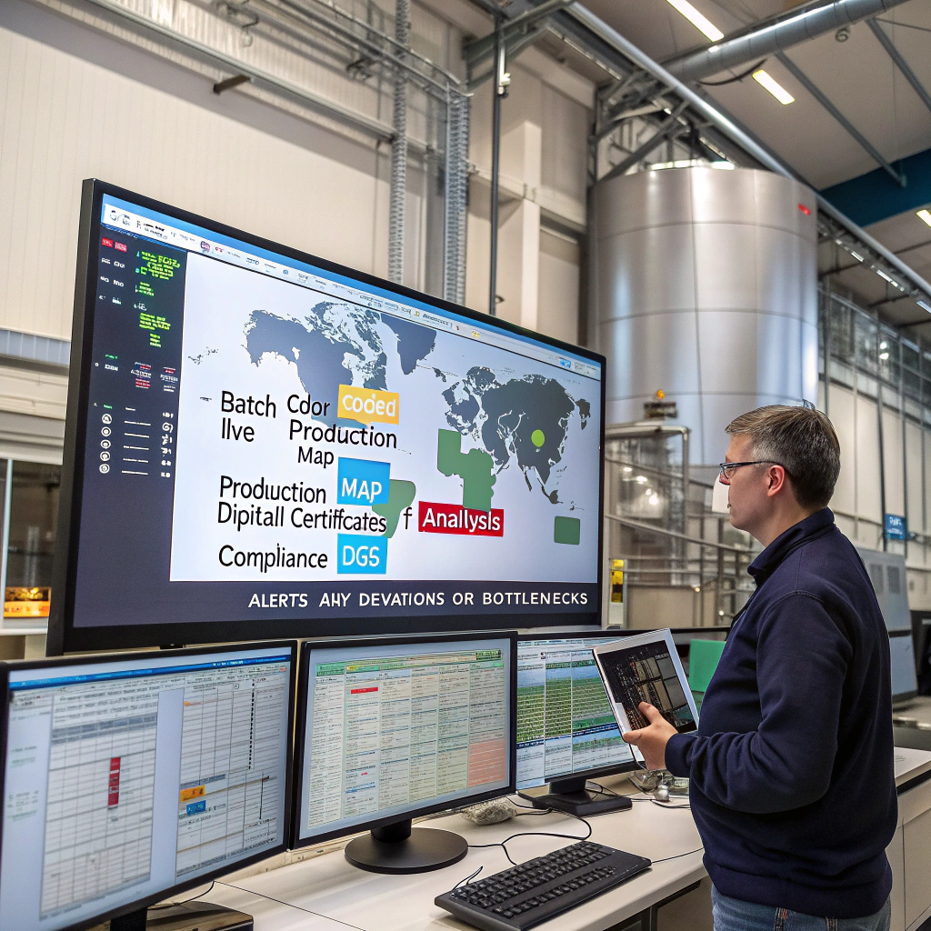 Real-Time Batch Monitoring for Quality Control and Regulatory Compliance Control room with digital batch tracking dashboard and compliance monitoring system