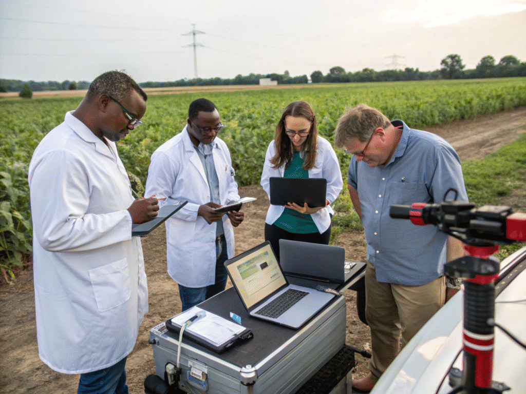 Agri-tech experts collaborating to develop innovative farming solutions