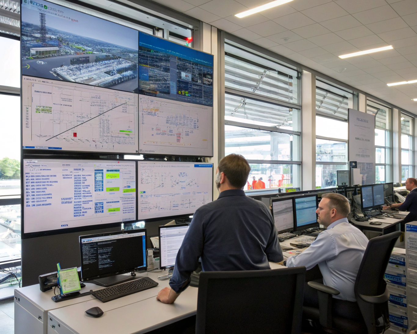 Simulating Logistics Operations in a Real-World Planning Setup Logistics planners reviewing virtual models in a control room