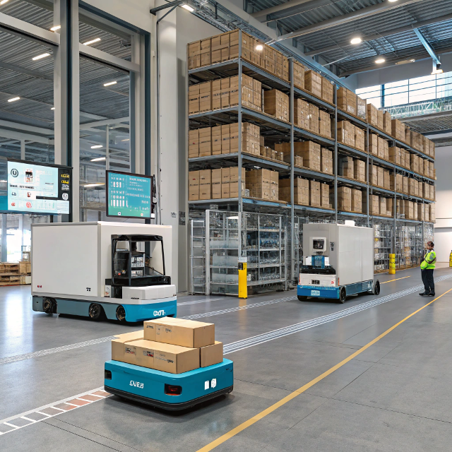 Smart Logistics Ecosystem — Real-Time Tracking & Seamless Delivery Modern logistics operation with smart warehouse, real-time tracking, and connected delivery trucks