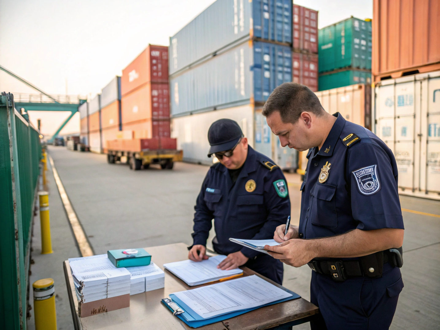 Logistics system with built-in regulatory compliance and traceability Customs inspection and cargo verification at an international logistics checkpoint