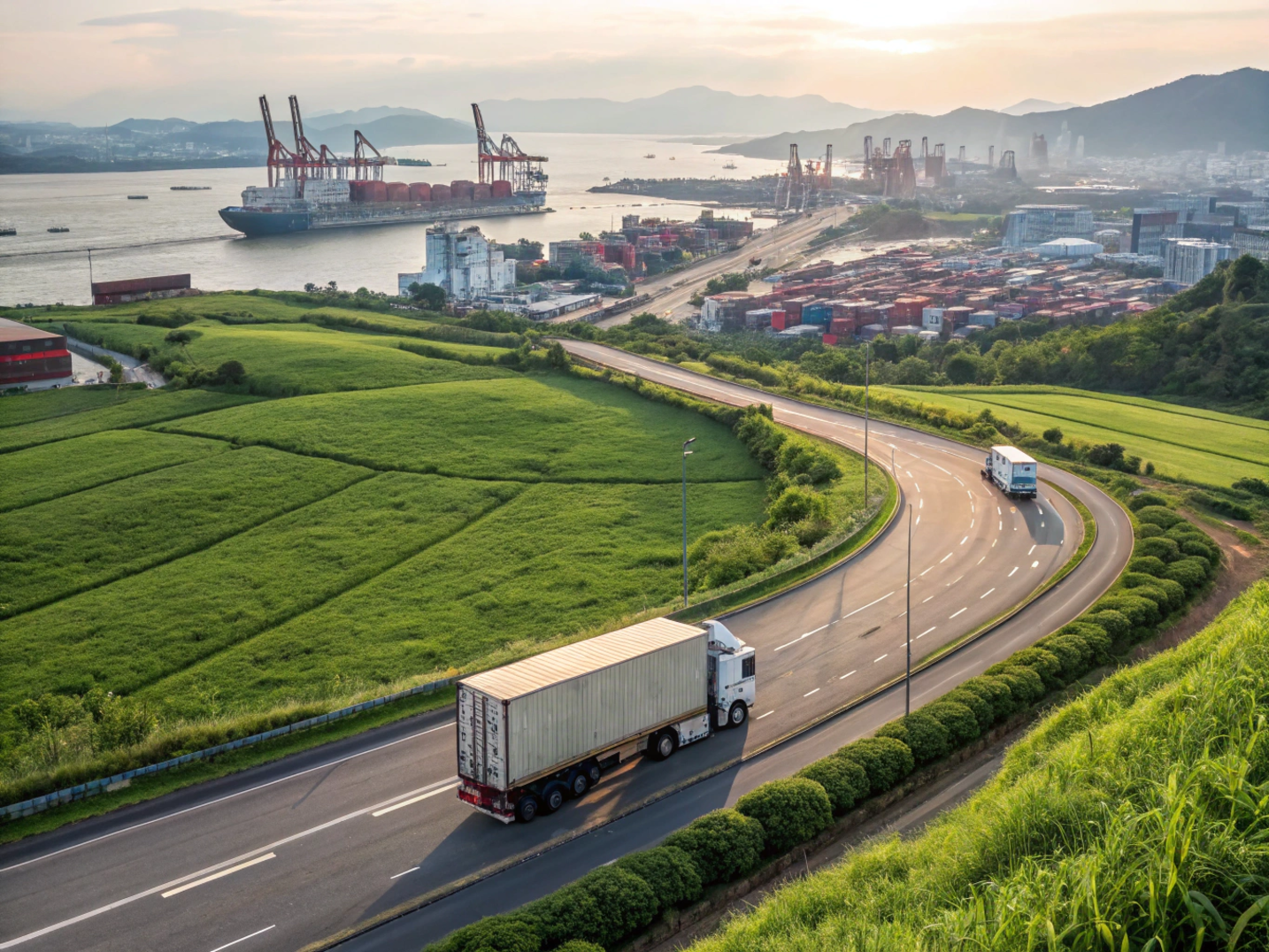 Geography-flexible logistics solutions for rural roads, smart cities, and ports Truck, vans, and container ships in rural, urban, and port logistics settings