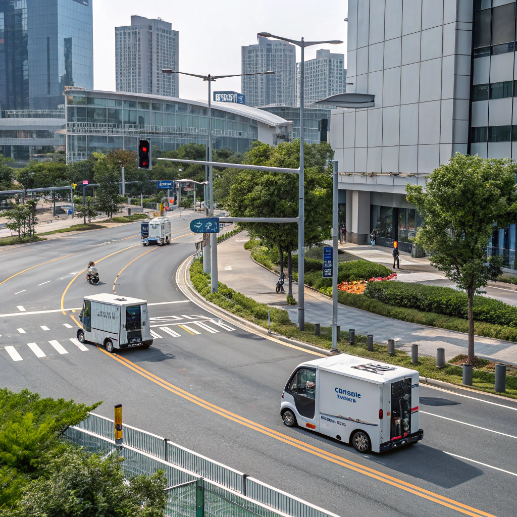 "AI-Optimized Urban Last-Mile Delivery in a Smart City" "AI-powered electric delivery vans navigating a smart city for efficient last-mile logistics"
