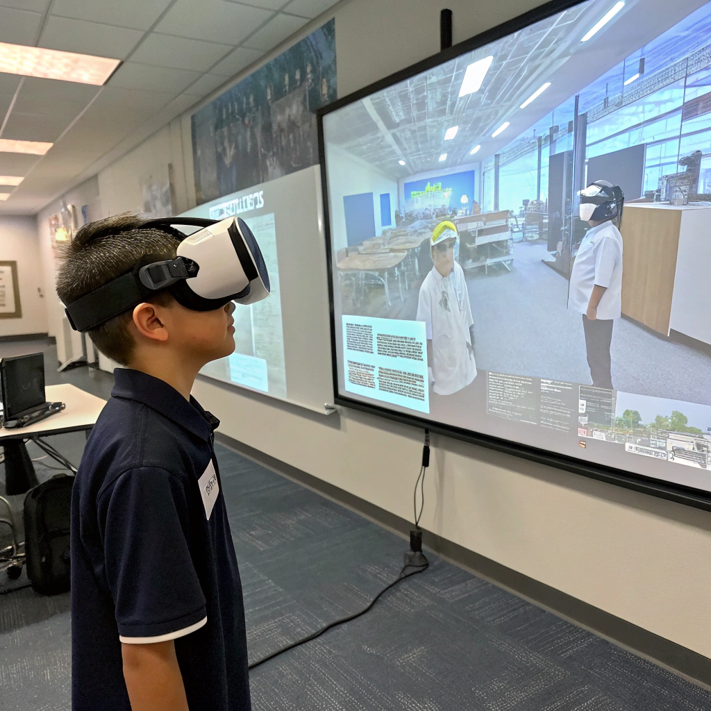 Immersive Training Through VR Simulations Student using VR simulation for immersive hands-on training in an educational environment