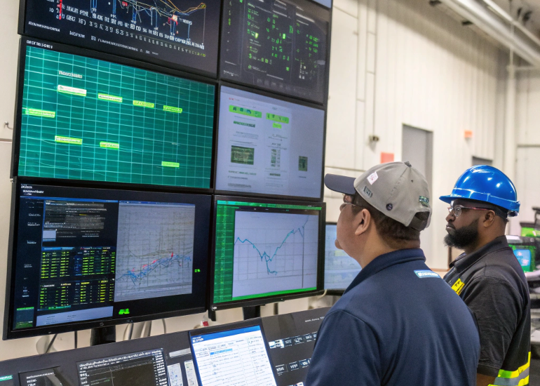 Unified Manufacturing Ecosystem Powered by Real-Time Systems Smart factory control center using ERP, MES, and SCADA systems for real-time monitoring and manufacturing