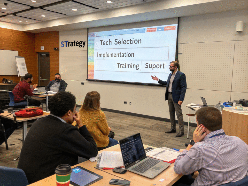 Full-Spectrum Education Transformation, Seamlessly Delivered Faculty and digital transformation team collaborating on end-to-end technology rollout