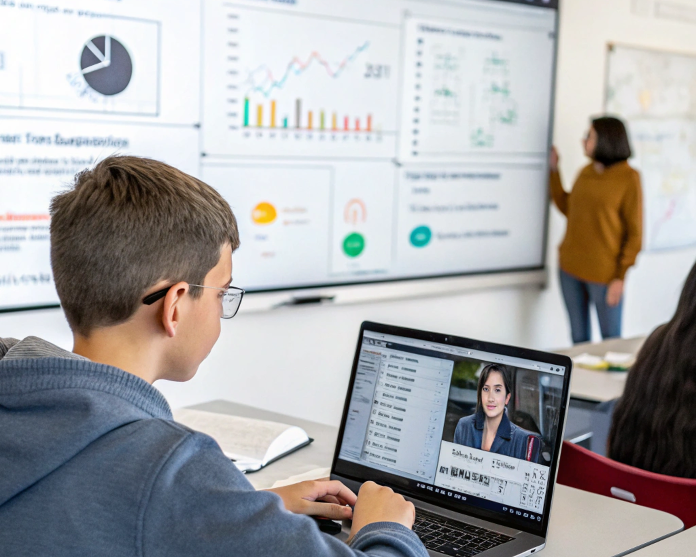 Adaptive Learning Systems with AI Tutoring and Predictive Insights “A student learning on a laptop while an AI-driven virtual tutor on the screen provides real-time feedback and guidance. In the background, dashboards display automated grading reports, predictive analytics charts, and adaptive learning suggestions. The environment conveys a seamless integration of machine learning, performance tracking, and individualized education support in a digital setting.”