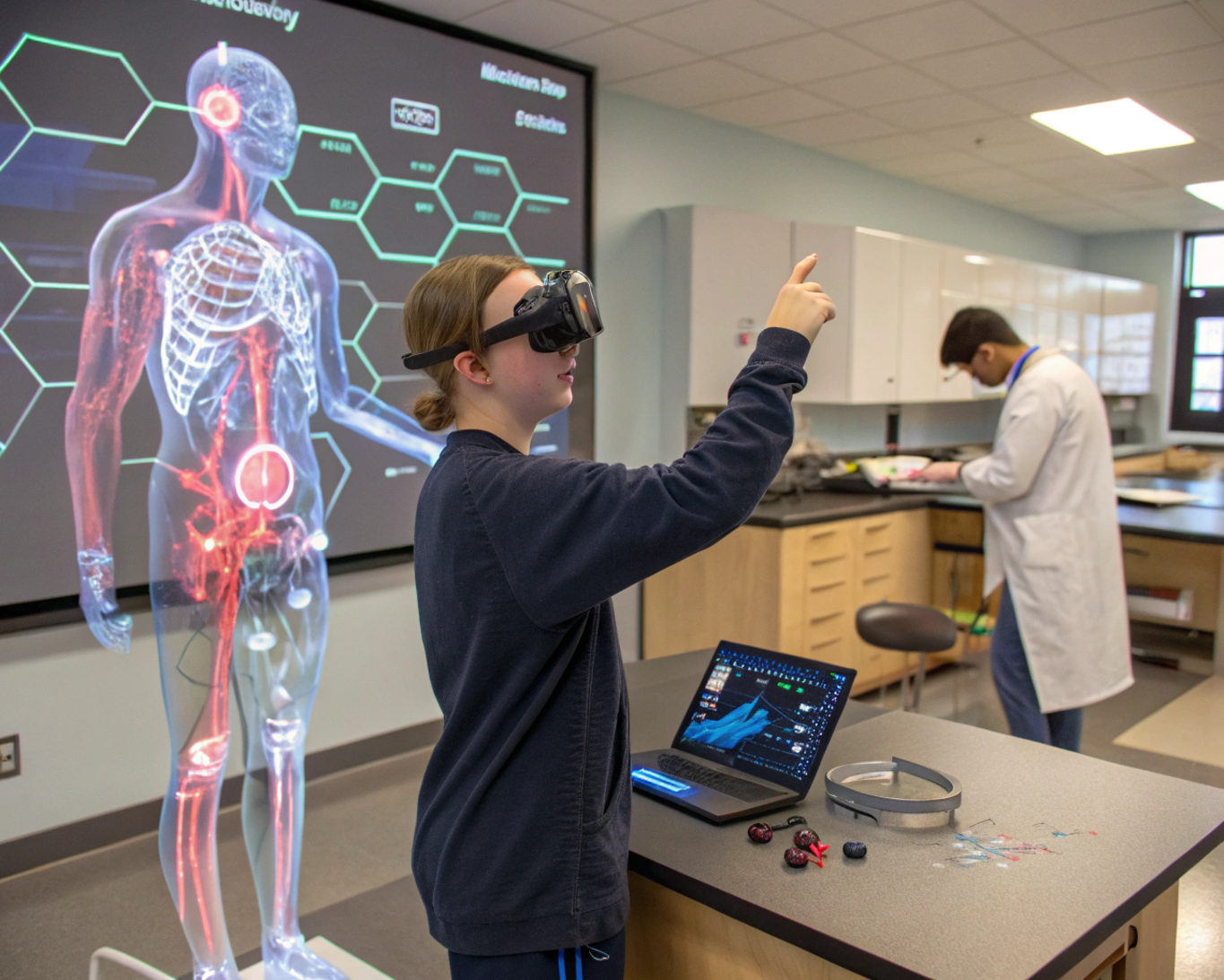 Immersive Learning with Virtual Labs and Simulations Student using augmented reality in virtual lab for medical and science education