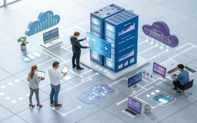 Illustration of a development team building scalable digital products using full-stack technologies, cloud infrastructure, and UI/UX design interfaces