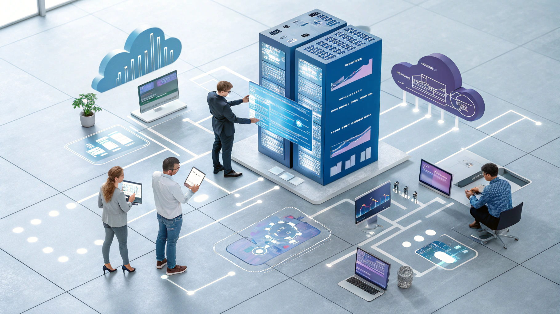 Illustration of a development team building scalable digital products using full-stack technologies, cloud infrastructure, and UI/UX design interfaces