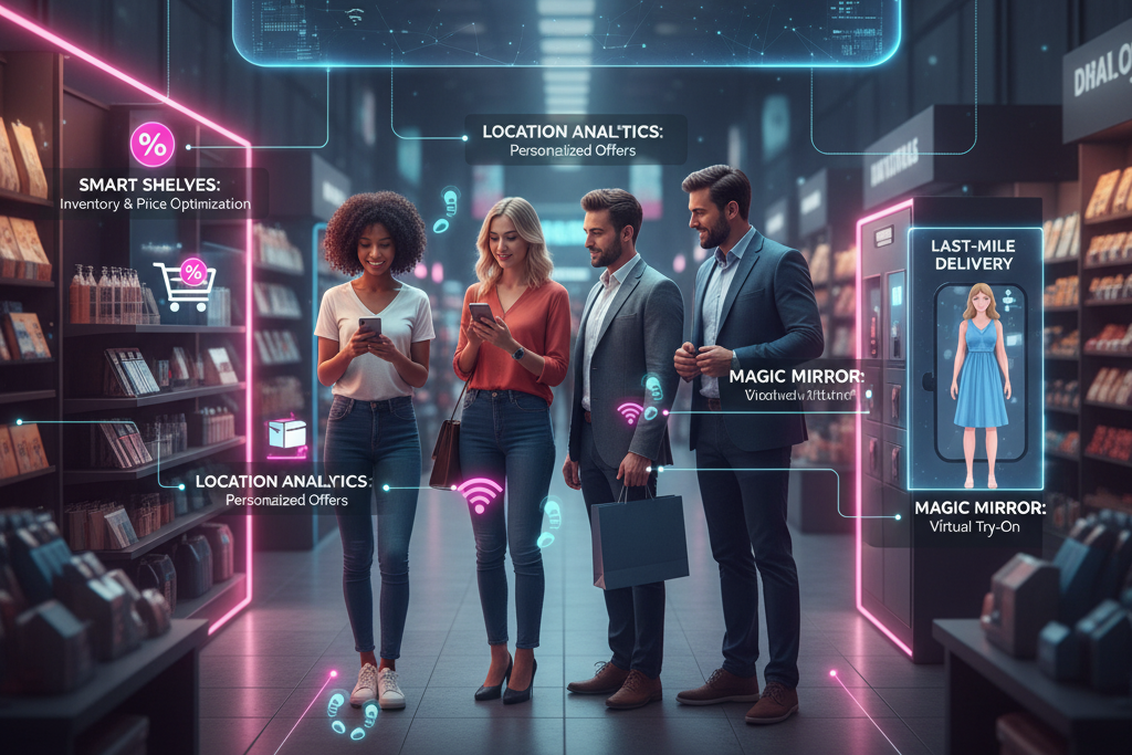 Customers in a modern smart retail store experiencing IoT innovations like smart shelves, personalized offers via location analytics, and a virtual try-on "magic mirror."