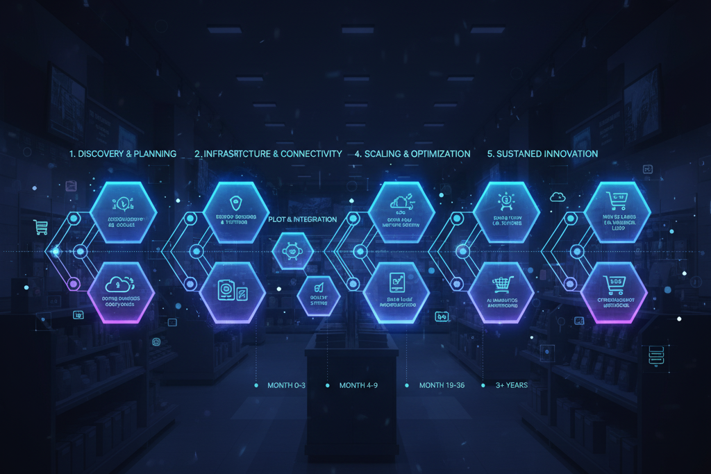 Diagram illustrating the phased Implementation Roadmap for an IoT Retail Strategy, showing steps from pilot projects and sensor deployment to cloud integration and data analytics.
