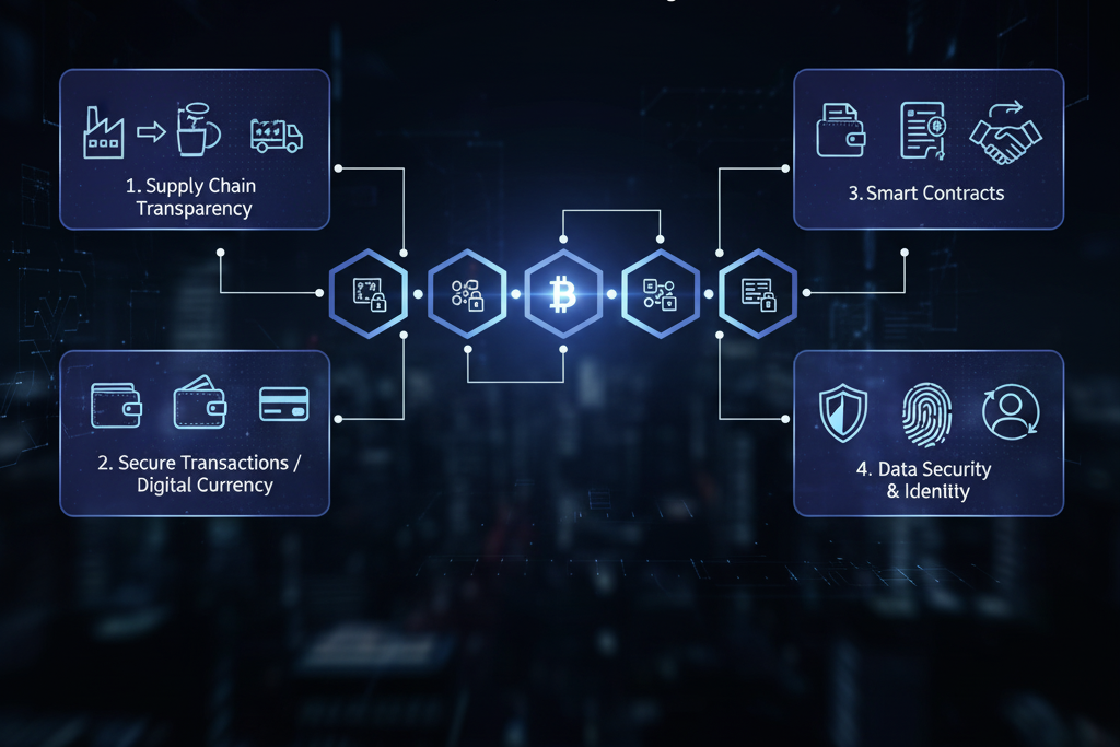 Diagram outlining Blockchain for Business Applications, highlighting concepts like supply chain transparency, secure transactions, smart contracts, and data security, centered around a distributed ledger