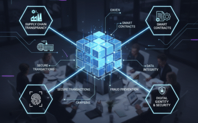 Diagram showcasing Blockchain applications for business beyond cryptocurrency, including supply chain transparency, smart contracts, secure transactions, and digital identity, with businesspeople in the background