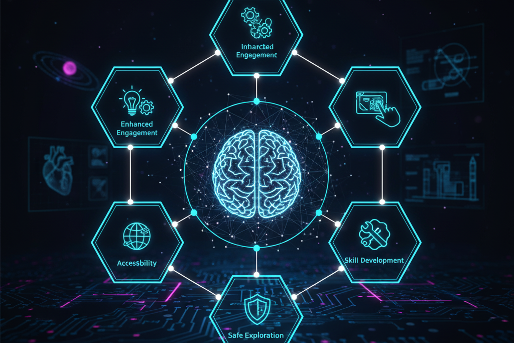 Diagram showcasing the Core Benefits of AR in Education, emphasizing student engagement, improved retention, visualization of complex concepts, and experiential learning.