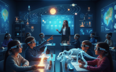 Students in a futuristic classroom wearing AR glasses, interacting with holographic educational content like a dinosaur skeleton and planetary system.
