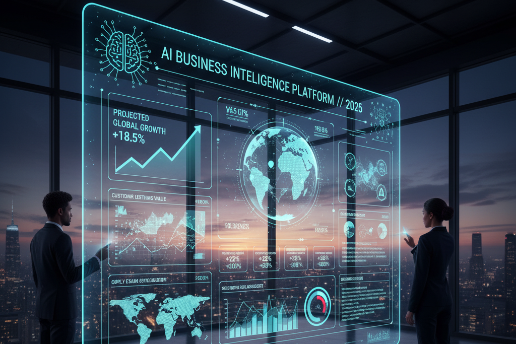 Futuristic AI Business Intelligence Dashboard visualization with trend lines, key metrics, and holographic data displays for strategic planning in the year 2025.