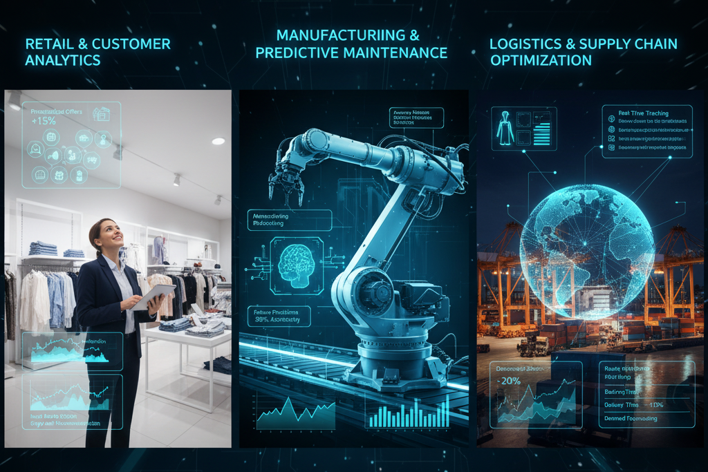 Triptych showcasing AI Business Intelligence applications in retail analytics, manufacturing predictive maintenance, and logistics/supply chain optimization.