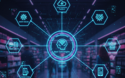 Diagram showing IoT in Retail with interconnected components like smart shelves, beacons, smartphones, and cloud analytics feeding into a central "Real-Time Insights" hub.
