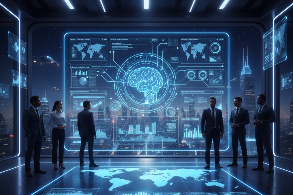 Business leaders standing in a futuristic office, interacting with a holographic AI business intelligence display showing global data and an AI brain.

