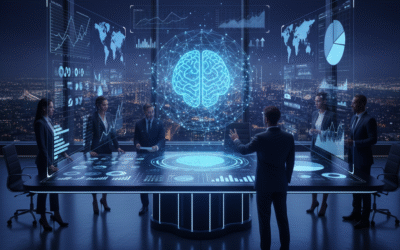 Executives in a futuristic meeting room collaborating around a holographic table displaying AI-driven business intelligence data and a central AI brain.