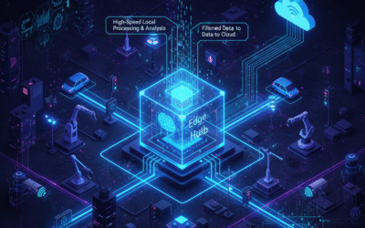 Isometric diagram of an Edge Hub processing IoT data locally from sensors, cars, and robots before sending filtered data to the cloud