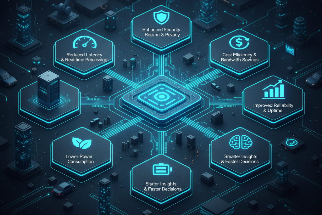 Infographic showing faster decision making, reduced latency, and enhanced IoT security through edge computing