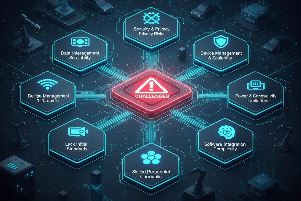 Graphic showing common challenges like security risks and data management at the network edge