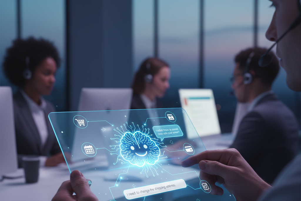 A customer service agent interacting with an AI chatbot on a transparent tablet, showing a real-time conversation