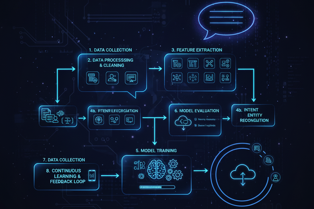 Diagram illustrating the Machine Learning Workflow for AI Chatbots, from data collection and processing to model training, evaluation, and continuous learning, with icons representing each stage.