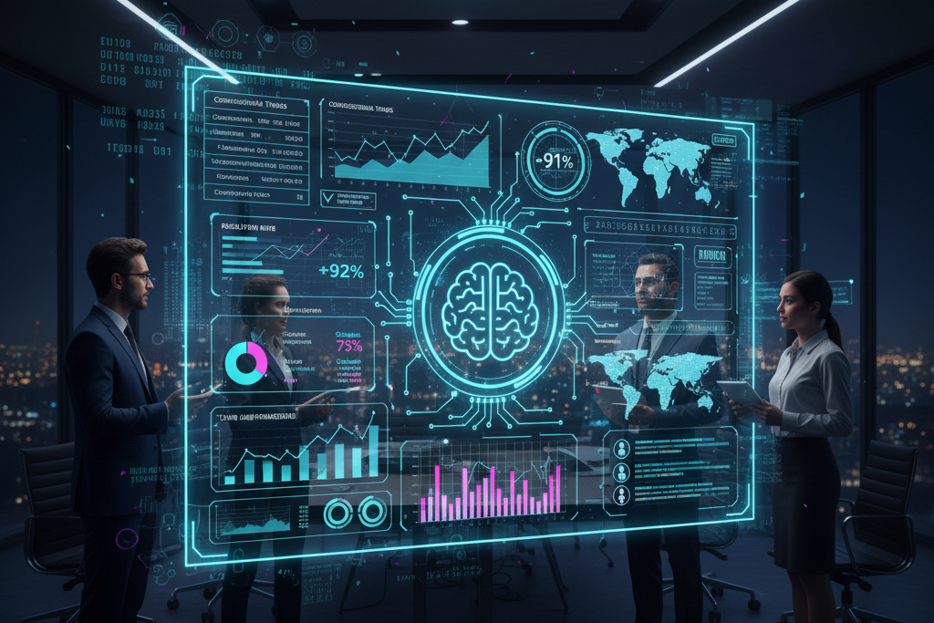 Digital business dashboard showing AI chatbot performance metrics, customer engagement scores, and visualization charts.